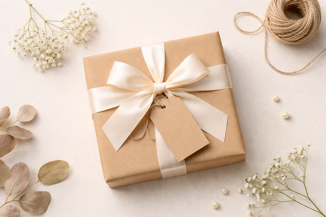 Wrapped gift box with a satin ribbon placed on a neutral background with dried flowers, representing thoughtful gift selection.
