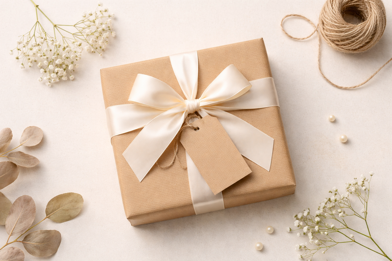 Wrapped gift box with a satin ribbon placed on a neutral background with dried flowers, representing thoughtful gift selection.