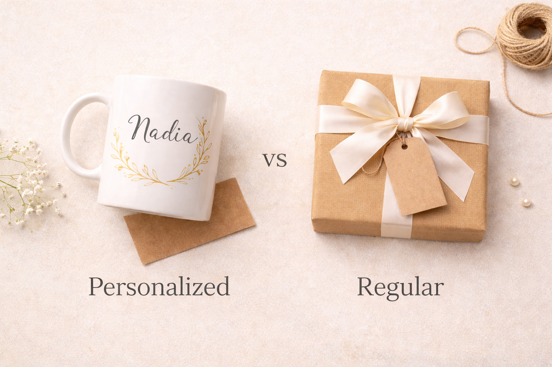 Side-by-side comparison of a personalized name mug and a wrapped gift box labeled as personalized vs regular.