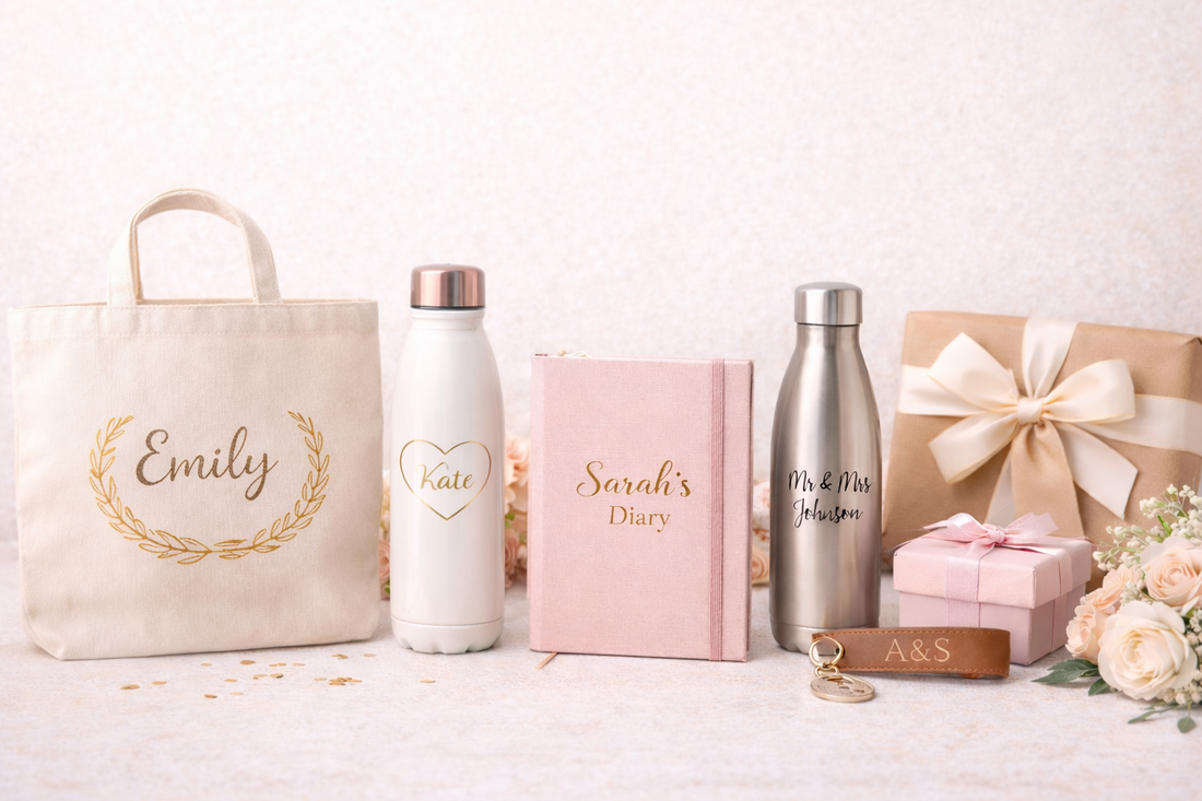 Personalized gift items including a custom tote bag, engraved water bottles, a name-printed diary, wrapped gift boxes, and a leather keychain arranged on a neutral background.