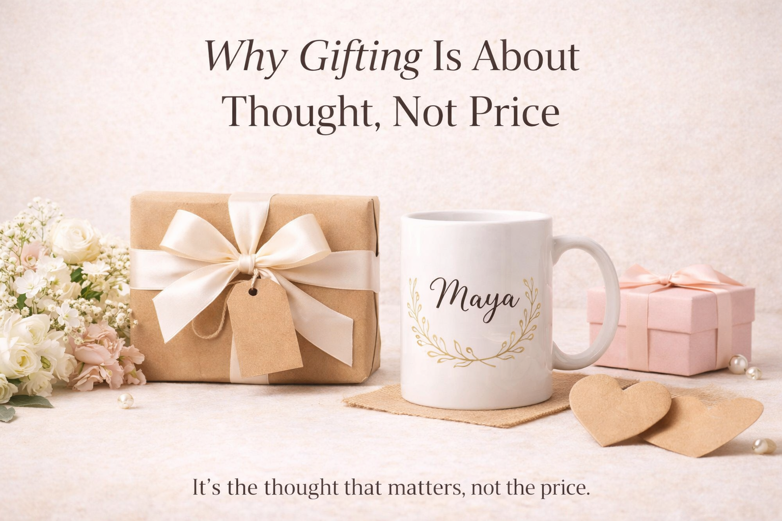 Thoughtfully arranged gifts including a personalized name mug, wrapped gift boxes, and flowers on a soft neutral background.