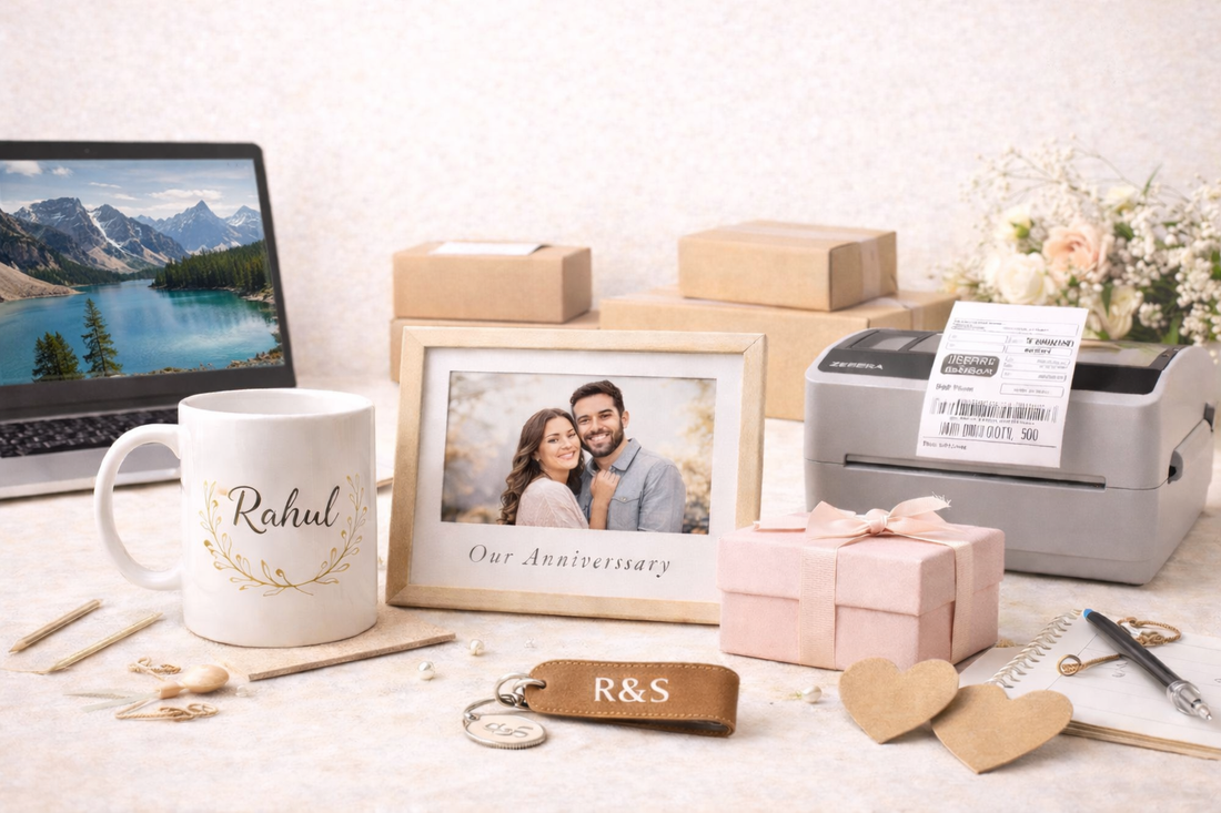 Personalized gift items including a custom name mug, framed photo, engraved keychain, gift boxes, and packaging materials arranged on a work table.