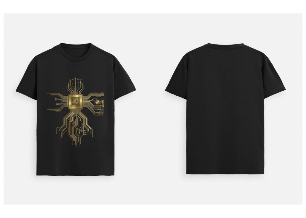 Black t-shirt with gold geometric design on front, back view shown