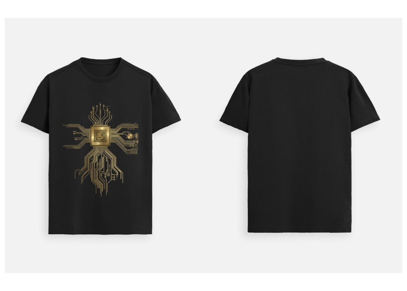 Black t-shirt with gold geometric design on front, back view shown